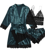 4pcs Women Striped Lingerie Set Lace Trim Robe Camisole Shorts Panties Nightwear Sleepwear Homewear Sexy Pajamas Outfit