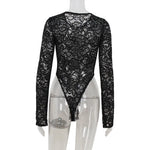 Ahagaga Floral Lace Women's Bodysuits Sexy Solid See Through Tees O-Neck Long Trumpet Sleeve Slim Fit Streetwear Rompers T Shirs