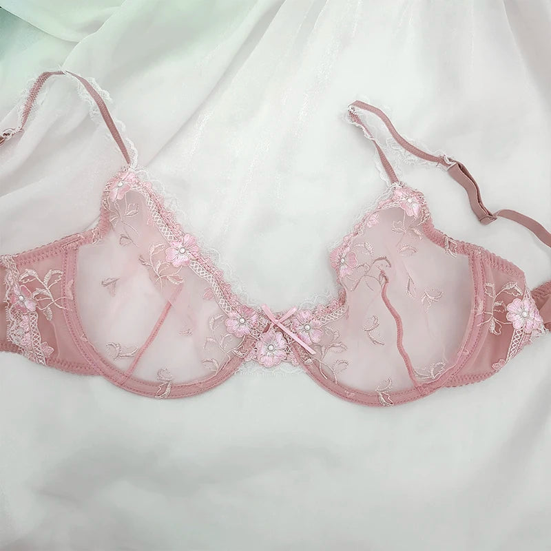 Pure Wind Ultra-thin Lace Underwear Women's Big Chest Small with Underwire Sexy Retraction Breast Support Breathable Bra Set ABC