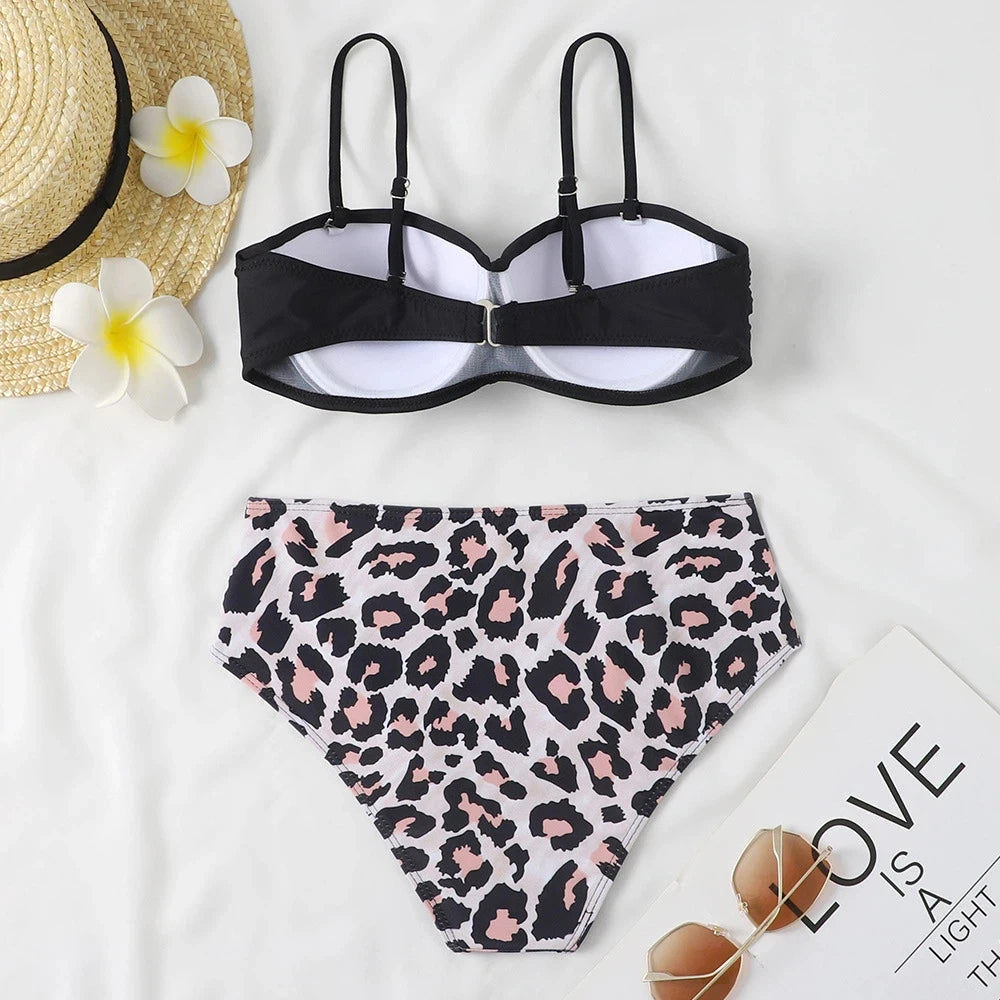Print Bandeau Bikini Swimsuit Women Push Up Bikini Set Swimwear Female High Waisted Bathing Suit Beach Wear Brazilian Biquini