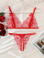 Floral Lace Sexy Lingerie Bow Open Split Cup Intimates Bra And Thongs Sets Crotchless Naughty Porn Sex Outfit Women's Underwear