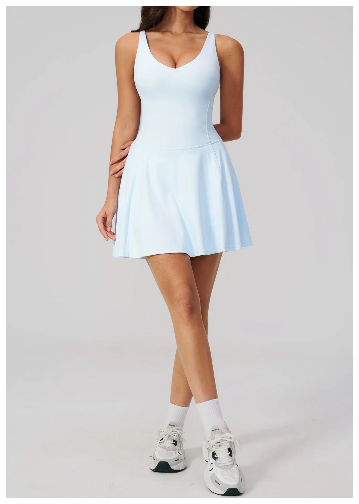 Bodycon Tennis Dress with Shorts Pocket Women Speed Dry Sleeveless V Neck One Piece Sport Outfit Short Dress Fitness Yoga Set