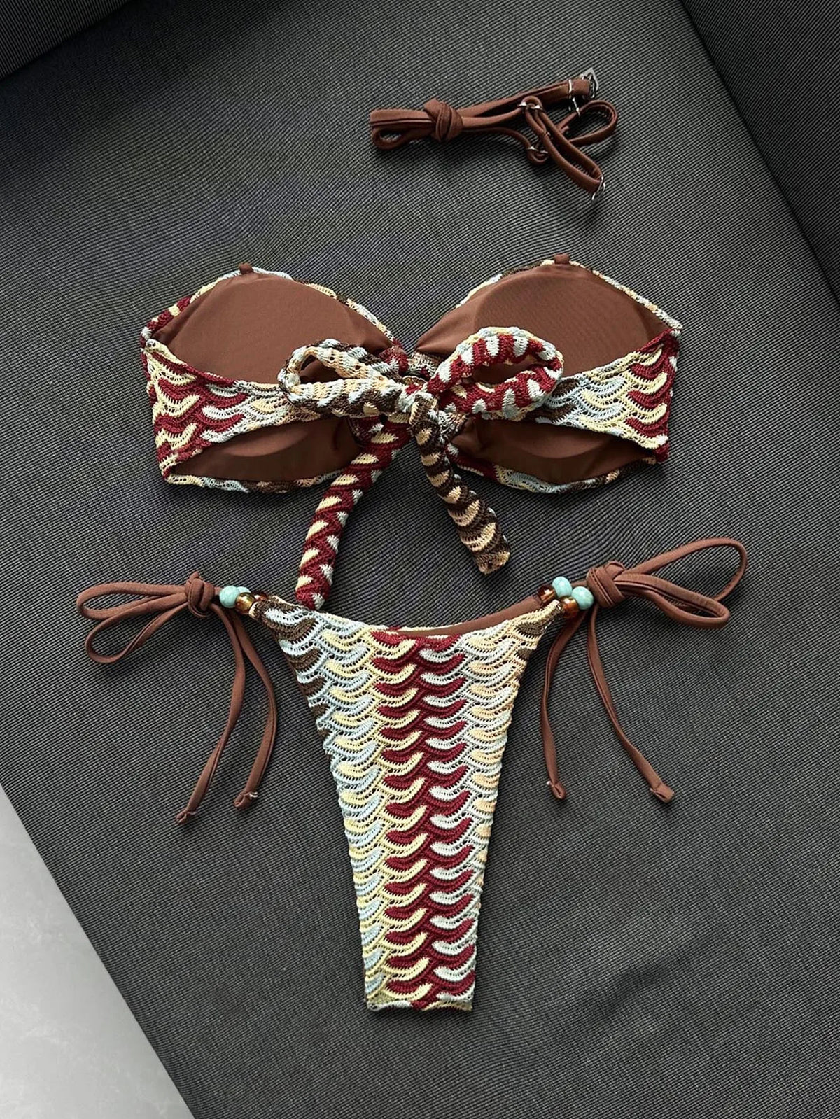 Sexy Coffee Striped Micro Bikini 2026 Women Bandeau Metal Shell Push Up Bra Bandage Thong Swimwear Beach Bathing Suit Swimsuit