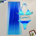 3 Pieces Thong Bikini Set 2026 Swimsuit Women & Kimono Swimwear Sexy Gradient Metal Criss Cross Bathing Suit Cover Up Bikinis