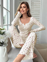 Spring Summer Women's Sleepwear Floral Print Lettuce Trim Pajamas Set Tops and Long Trousers Loungewear Nightwear
