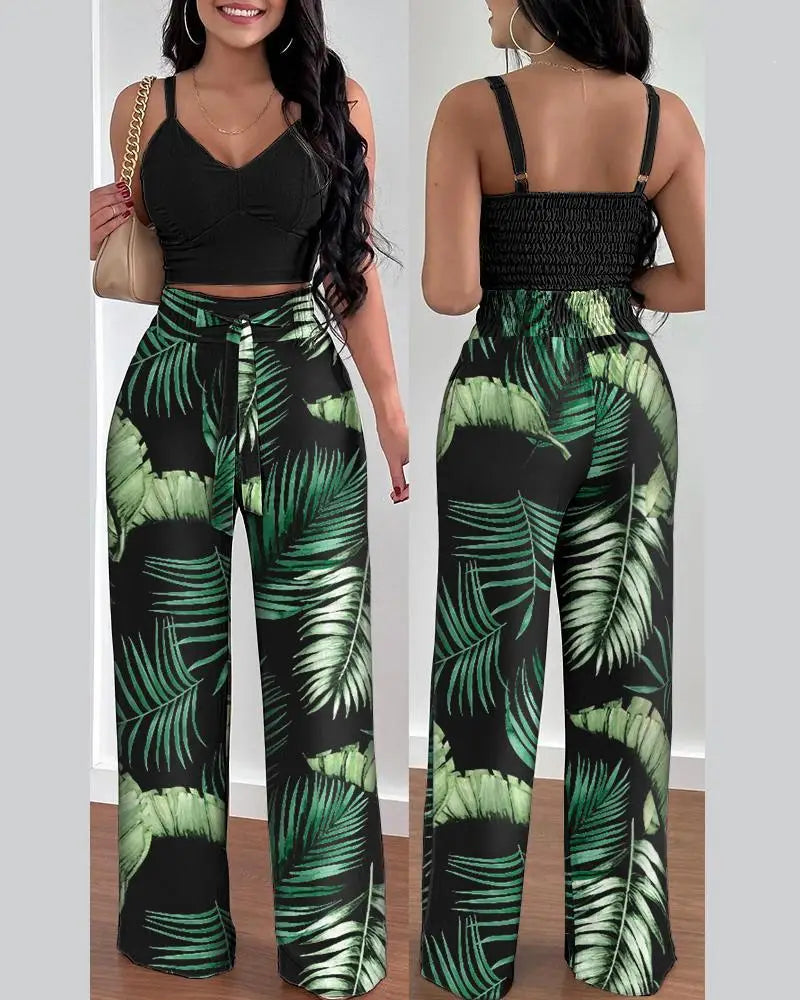 Women's Two Piece Sets Fashion Print Halter V-Neck Short Tank Suit Tops Long Pants Matching Set Summer Casual Female Slim Pants