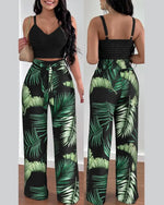 Women's Two Piece Sets Fashion Print Halter V-Neck Short Tank Suit Tops Long Pants Matching Set Summer Casual Female Slim Pants