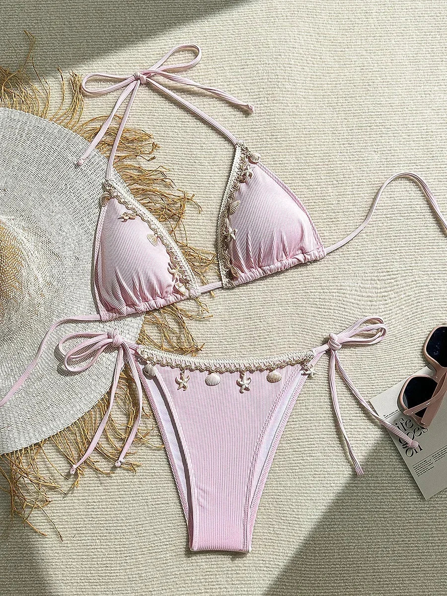 Shell Decoration Ribbed Bikini Women Swimwear Female Swimsuit Two-pieces Bikini Set Halter Strappy Bather Bathing Suit Swim Lady