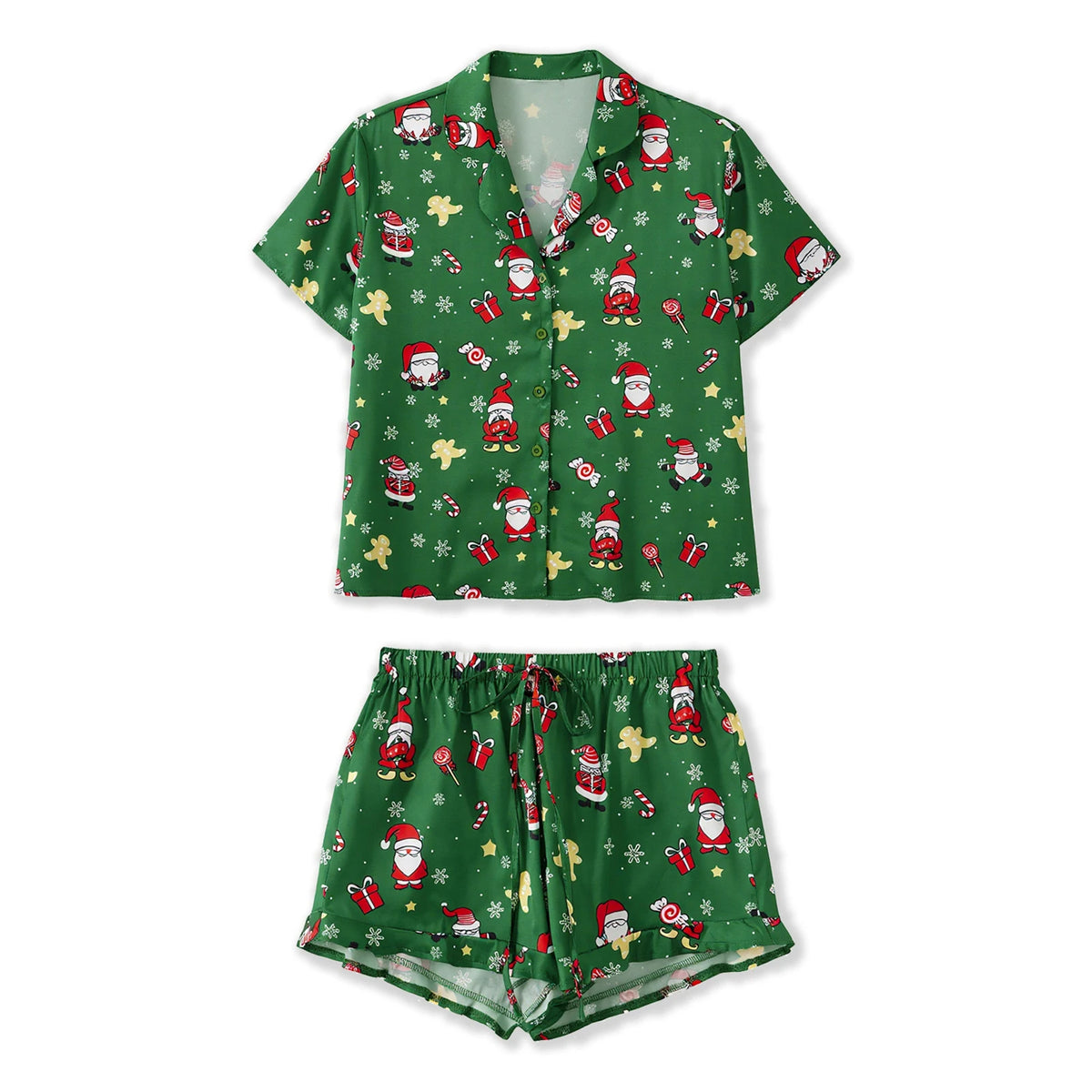 Women's Christmas 2 Pieces Lounge Set Short Sleeve Lapel Pumpkin Print Shirt Shorts Satin Sleepwear