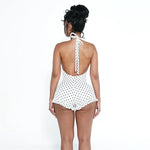Women Halter Shorts Jumpsuits Summer Polka Dot Print V-Neck Backless Bodysuits Casual Sleeveless Rompers Club Streetwear