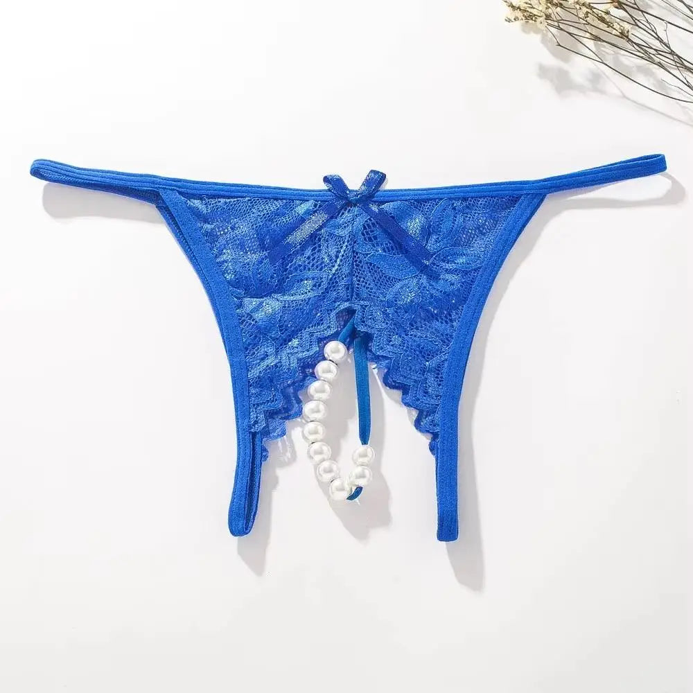 Hot Sexy Mesh Hollow Female Lingerie Transparent Crotchless Women Lace Open Crotch Beading Panties Underwear Erotic Costume
