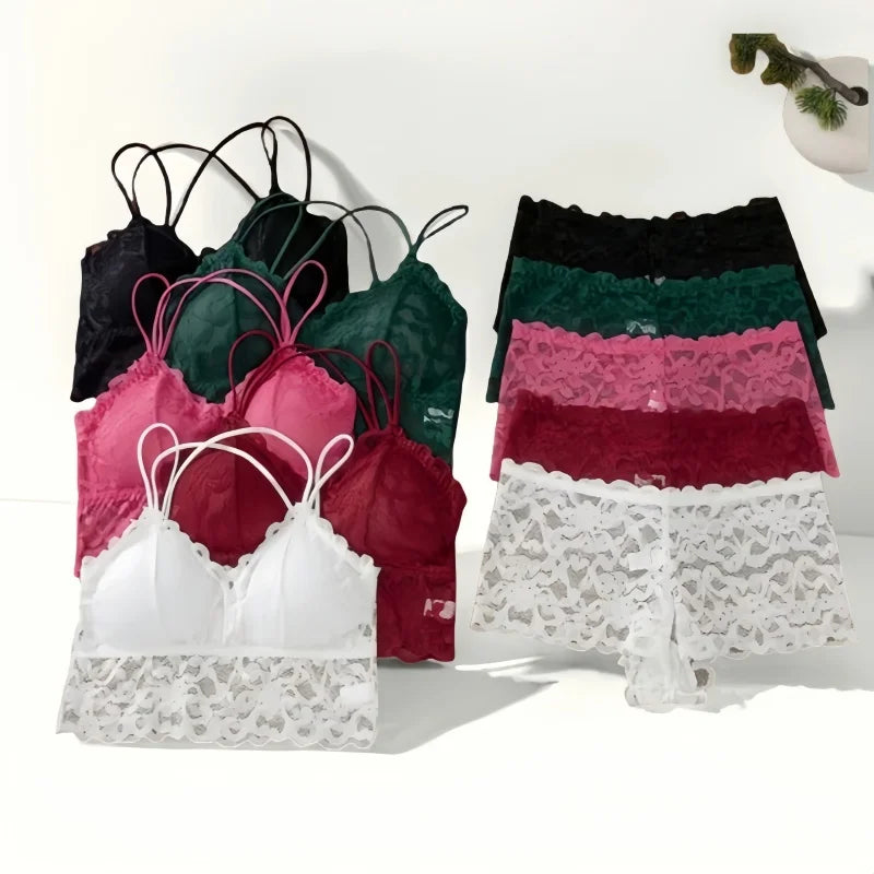 Women Lace Bra Set Bralette Low Rise Panties Nonwire Padded Bra Solid Color Underwear Set Female Sexy Lingerie Comfort Intimates
