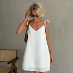 Ahagaga Fashion Women's Dresses Solid Straps Bandage Regular Causal V-Neck Sleeveless Summer Camisole Loose Sweet Femlae Vestido