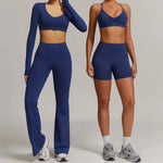 Women 2PCS Yoga Suit Sports Gym Set Tracksuit Workout Long Sleeve Shirt Fitness Flared leggings Short sleeve shorts running suit