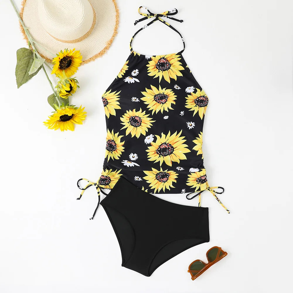 Women Sunflower Print Tankini Sets High Waist Bikini Two Pieces Swimsuit Swimwear Female Bathing Suit Beachwear Pool Swimming