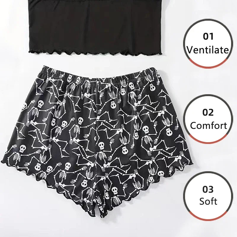 Women Sleepwear 2 PCS Pajama Set Short-Sleeved Tops and Shorts Suit Black Skull Print Soft Comfort Halloween Loungewear