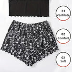 Women Sleepwear 2 PCS Pajama Set Short-Sleeved Tops and Shorts Suit Black Skull Print Soft Comfort Halloween Loungewear