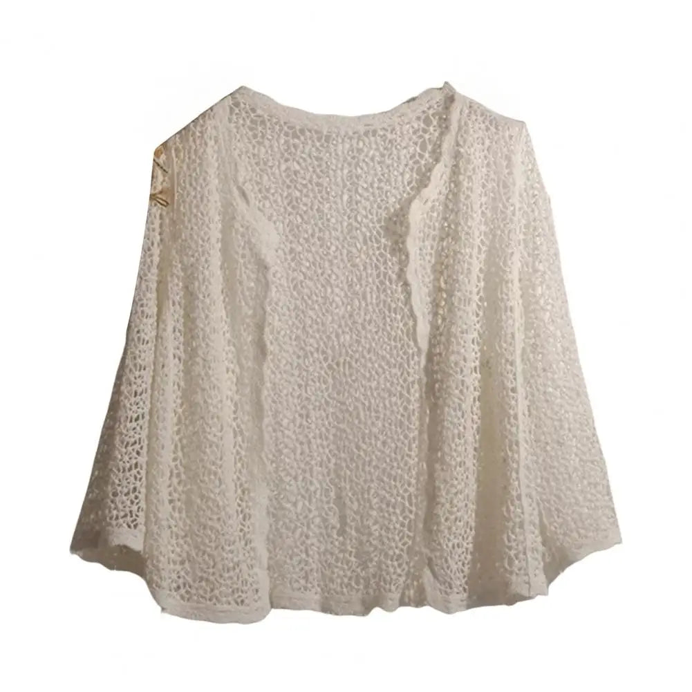 3/4 Sleeve Hollow Out Open Front Sheer Sweater Crochet Cardigan for Women Lightweight Boho Summer Beach Knit Shrug