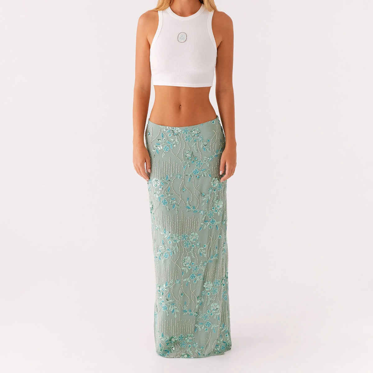 Elegant Beading Sequined Long Skirt for Women Summer Casual Floral Embroidery Maxi Straight Skirts for Beach Club Streetwear