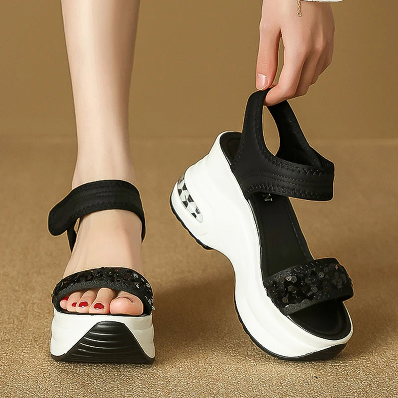 Sequin Chunky Wedges Sandals Women Plus Size 42 High Heel Platform Sandles Woman Comfy Thick Bottom Heighten Gladiator Sandalias