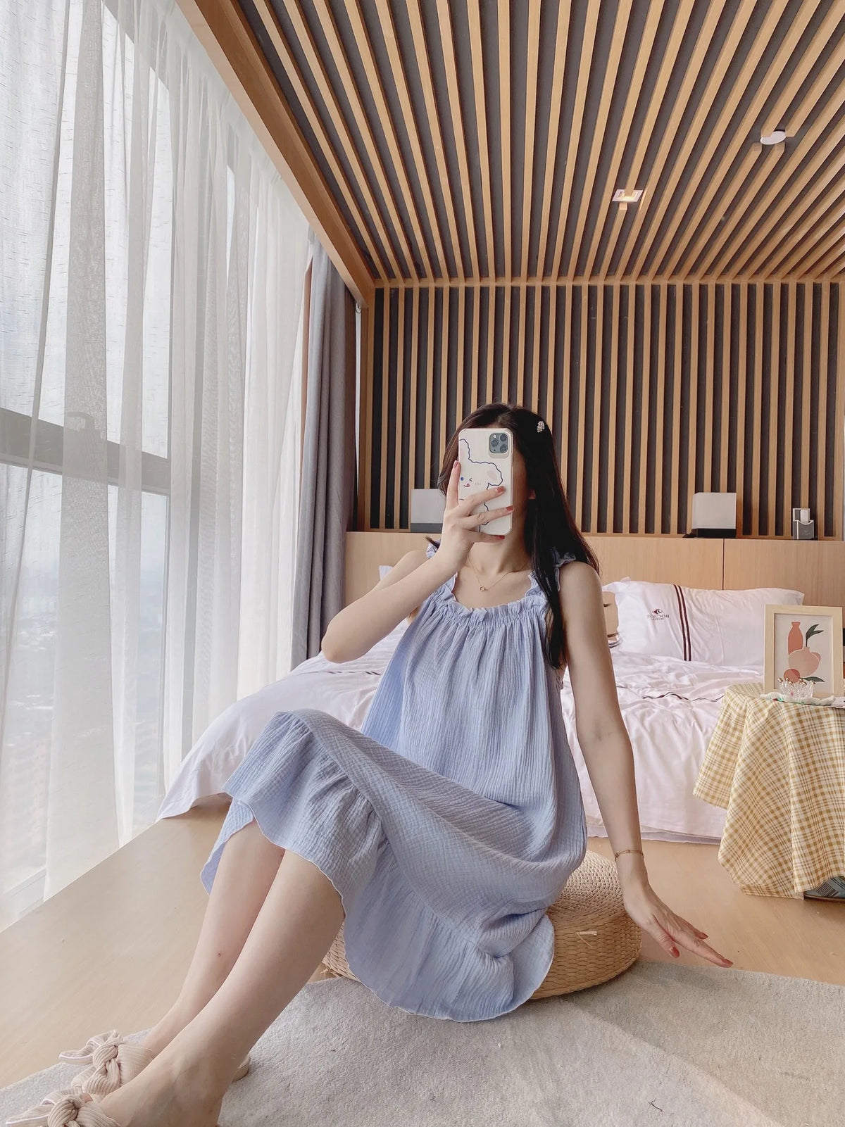 2026 Summer New Style Nightdress Ladies 100% Cotton Crepe Thin Vest Suspender Skirt Loose Long Skirt Sweet And Cute Home Skirt