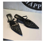 BIGTREE Crystal Mesh Fabric Pointed Toe Slippers Women Sexy Elegant Buckle Strap Party Prom Thin Low Heels Mule Shoes