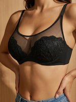 Women Sheer Mesh Lace Bra Floral Thin Cup Underwire Sexy Bra Side Support Slimming Breathable Lingerie