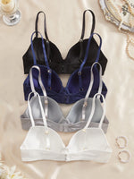 4Pcs Daily Lace Trim Women's Underwear Set Rib Knit Push up Underwire Bra Airy & Stylish Women's Bra