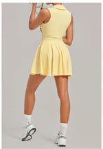 Summer Women Solid Tennis Dresses Sleeveless Turn Down Collar Pleated Skirts with Detachable Pocket Shorts Slim Yoga Golf Dress