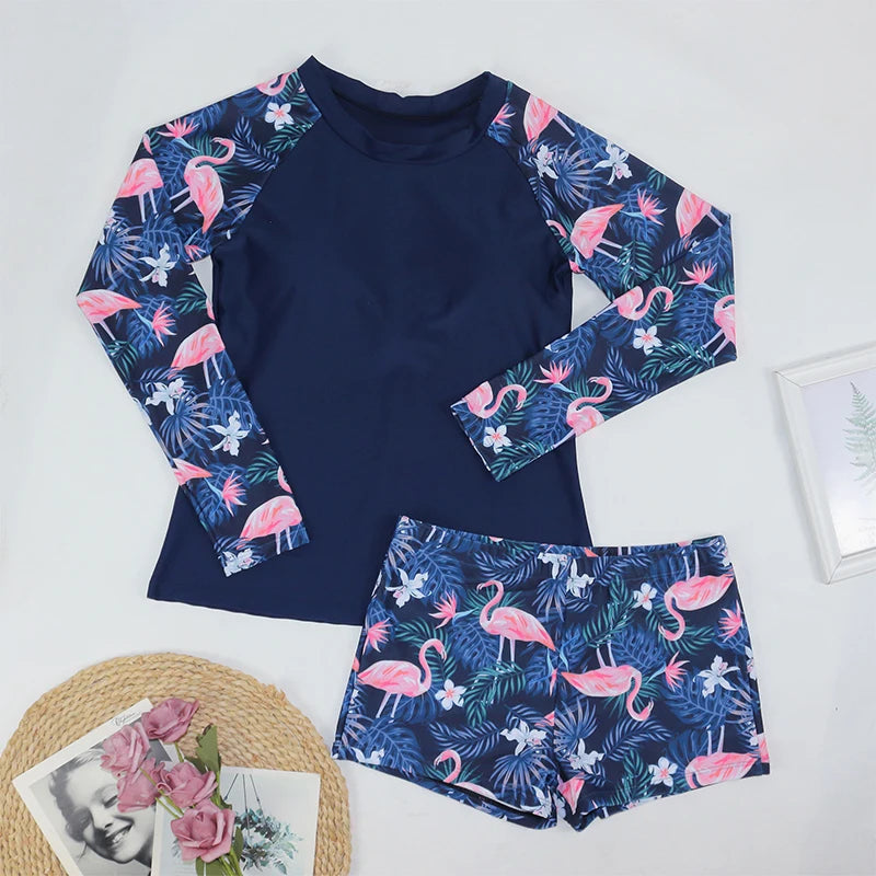 Women Two Pieces Vintage Print Rash Guard Swimwear Long Sleeve Shirt Shorts Surf Top Retro Print Running Shirt Split Swimsuit