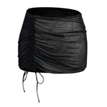 Women Black Mesh Ruched Drawstring Skirt Sheer Bodycon Beach Cover Up Adjustable Side Tie Sarong Swimwear Sexy See Through Skirt