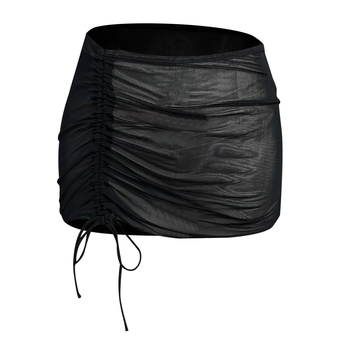 Women Black Mesh Ruched Drawstring Skirt Sheer Bodycon Beach Cover Up Adjustable Side Tie Sarong Swimwear Sexy See Through Skirt