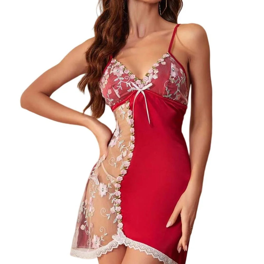 Thin Lace Bow Women's Pajama Dress Embroidered Mesh Transparent Ice Silk Suspender Nightdress Split Sleepwear