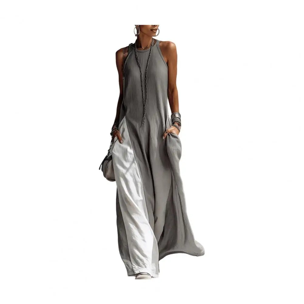 Summer Casual Beach Sundress with Pockets Women's Flowy Long Tank Top Side Split Crew Neck Sleeveless Maxi Dress