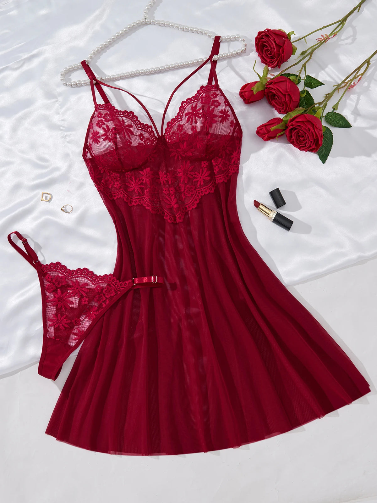 Deep V netted embroidered nightgown and thong set. Red lace strapless sexy women's homewear. ZA825096