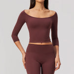 NCLAGEN Yoga Long Sleevetop Women Pilates Gym Clothes Quick Dry Cropped Compression 5/4 Sleeve Fitness Shirt Boat Neck Crop Top