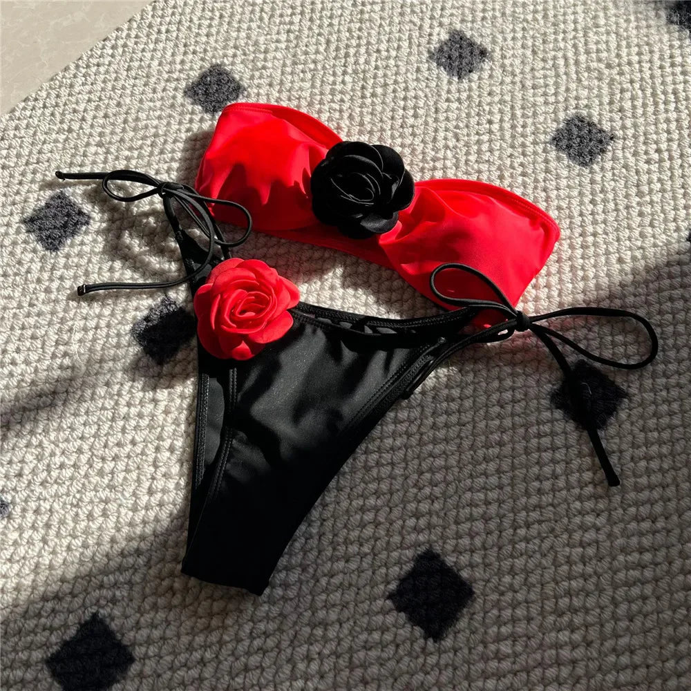 Sexy Flower Bandeau Swimwear Thong Bikini 2026 Women Lace-up Swimsuit Swimming Bathing Suit Brazilian Bikinis Sets Mujer Biquini