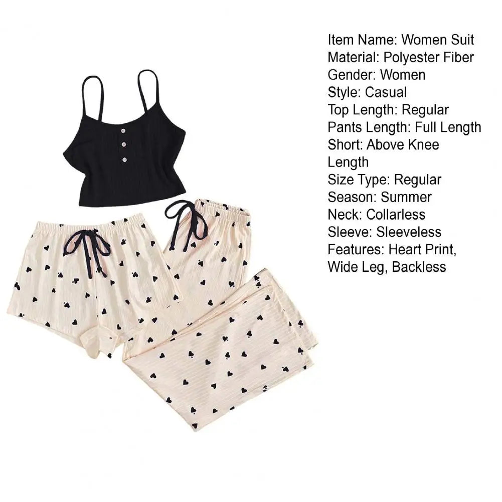 3 Pcs/Set Women Pajamas Suit Sleeveless Backless Heart Printing Elastic Waist Shorts And Pants Slip Top Summer Sleepwear
