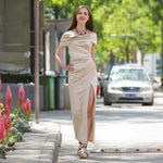 Off Shoulder Prom Dress for Women Satin Evening Party Formal Gown High Slit Cocktail Wedding Guest Maxi Dress