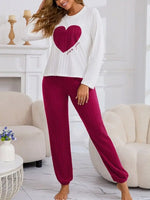 Women Sleepwear Autumn Winter Pajamas Set Casual Heart Printed Long Sleeve Tops and Trouses Sets Homewear Loungewear