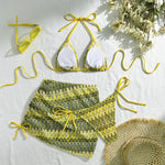 Sexy Drawstring Side Skirt 3 Piece Bikini Set Women Orange Striped Embroidered Print Swimwear High Waist Bathing Suit Swimsuit