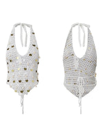 Women Halter Neck Sleeveless Crochet Hollow Out Sequin Seashell Decor Crop Vest Summer Tank Tops for Vacation Beach