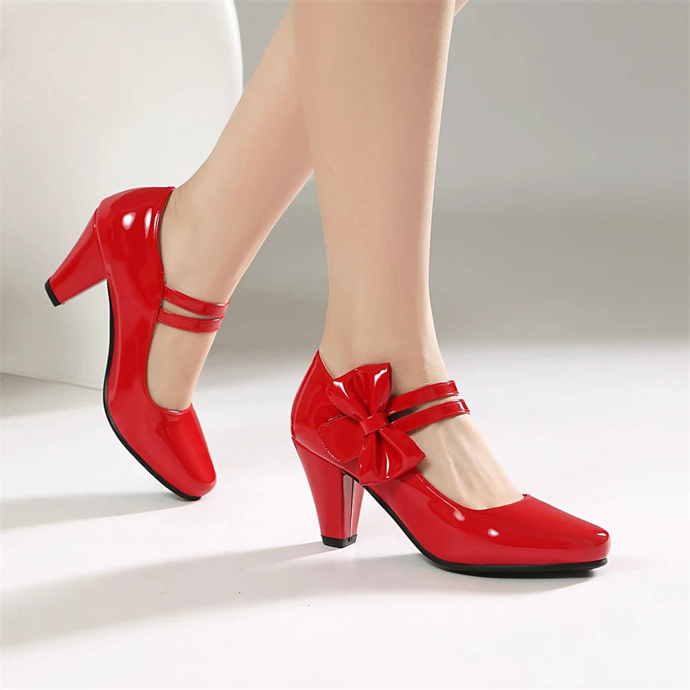 Plus Size 33-48 Sweet Polka Dot Mary Jane Heels Shoes Women Pink Blue Side Bow Tie Round Toe Chunky Block Heel Cute Lolita Pumps