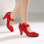 Plus Size 33-48 Sweet Polka Dot Mary Jane Heels Shoes Women Pink Blue Side Bow Tie Round Toe Chunky Block Heel Cute Lolita Pumps