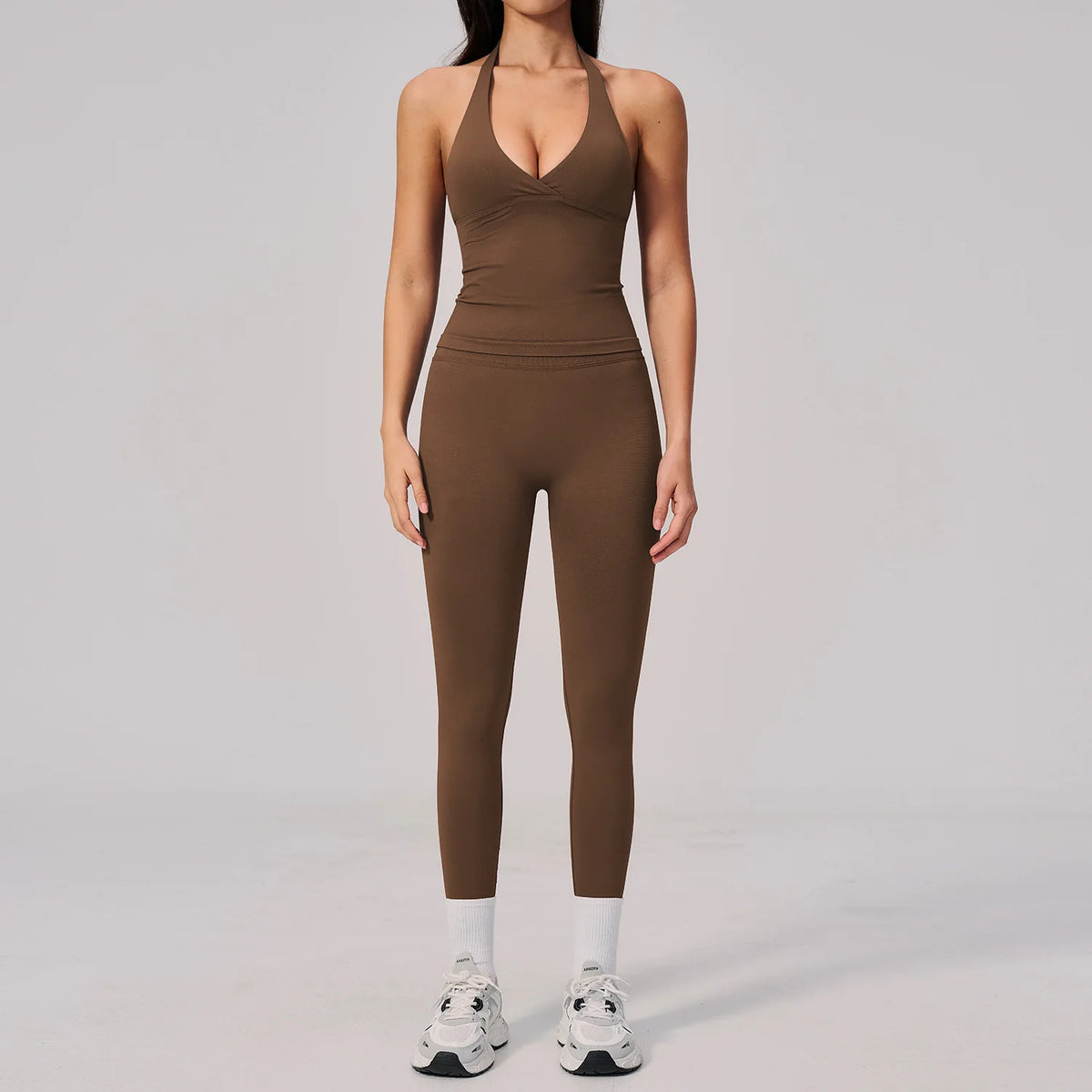 Summer Seamless Yoga Sets Women V Neck Slim Sports Tank Top Fitness Suit Peach Hip High Elasticity Leggings Running Tracksuit