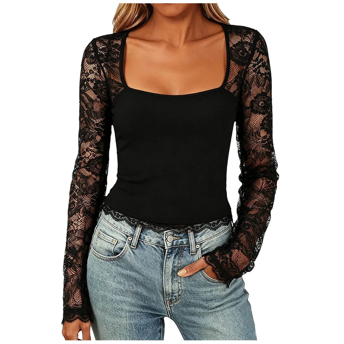Women'S Sexy Lace Patchwork Square Collar Long Sleeve T-Shirt Elegant Sheer Mesh Slim Fit Cropped Top Spring/Fall 2026 Basic Top