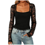Women'S Sexy Lace Patchwork Square Collar Long Sleeve T-Shirt Elegant Sheer Mesh Slim Fit Cropped Top Spring/Fall 2026 Basic Top