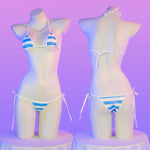 Summer PU Leather Micro Bra Bikini Set Swimsuit Stripes Bright Anime Swimwear Women Erotic Underwear Sexy Lingerie Costume
