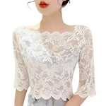 Women Summer Cropped Tops See-through Embroidery Lace Top One-word Collar Half Sleeve Blouse Pullover Tops
