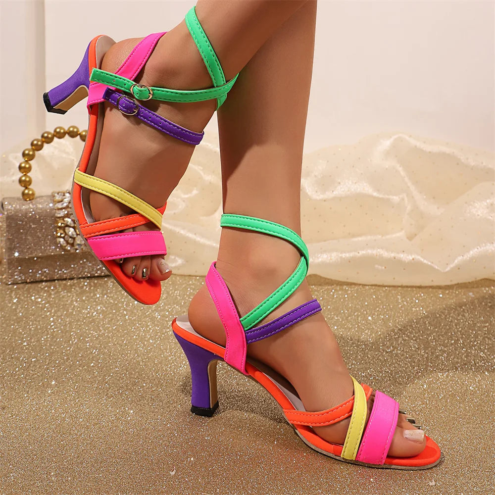Big Size 43 Summer Mixed Color High Heels Cross-Strap Sandals Women Shoes Kitten Heels Festival Neon Vacation Dress Heels
